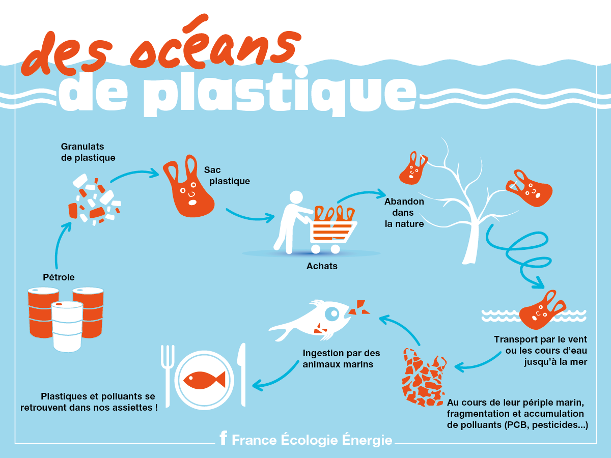 Illustration du cycle de vie d'un sac plastique, de son premier usage à son impact final dans l'océan, montrant les différentes étapes de son parcours environnemental.